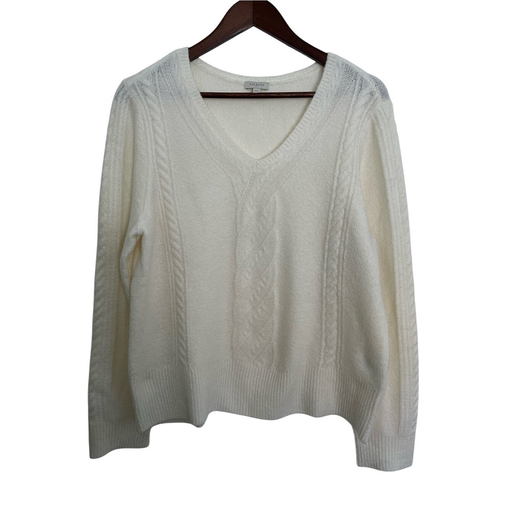 Talbots Women L Ivory Cable Knit V Neck Sweater Preppy Coastal Cream Classic